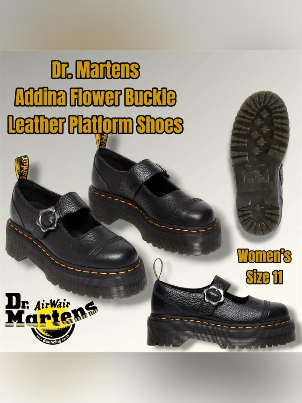 Dr. Martens Addina FLWR Mary Jane Women's Flower Buckle Shoes, Size 11